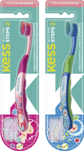 Escova Dental Kess Steps 2 Extra Macia Capa P/ Cerdas Cabo Emborrachado Cores Sortidas 4 A 7 Anos
